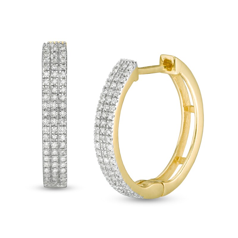 Main Image 1 of 1/4 CT. T.W. Diamond Triple Row Hoop Earrings in 10K Gold