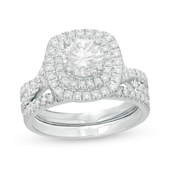 1-5/8 CT. T.w. Diamond Double Cushion Frame Twist Shank Bridal Set in 14K White Gold