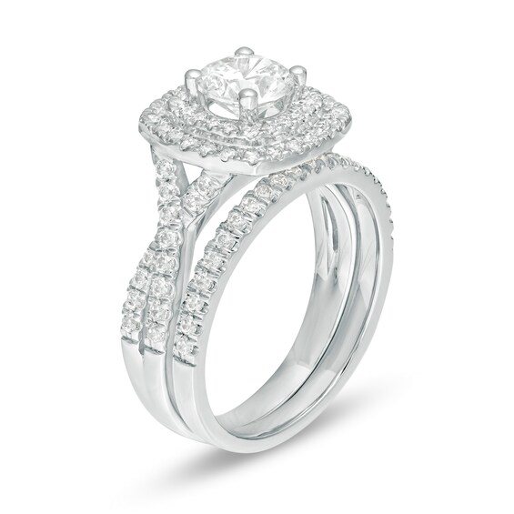 1-5/8 CT. T.w. Diamond Double Cushion Frame Twist Shank Bridal Set in 14K White Gold