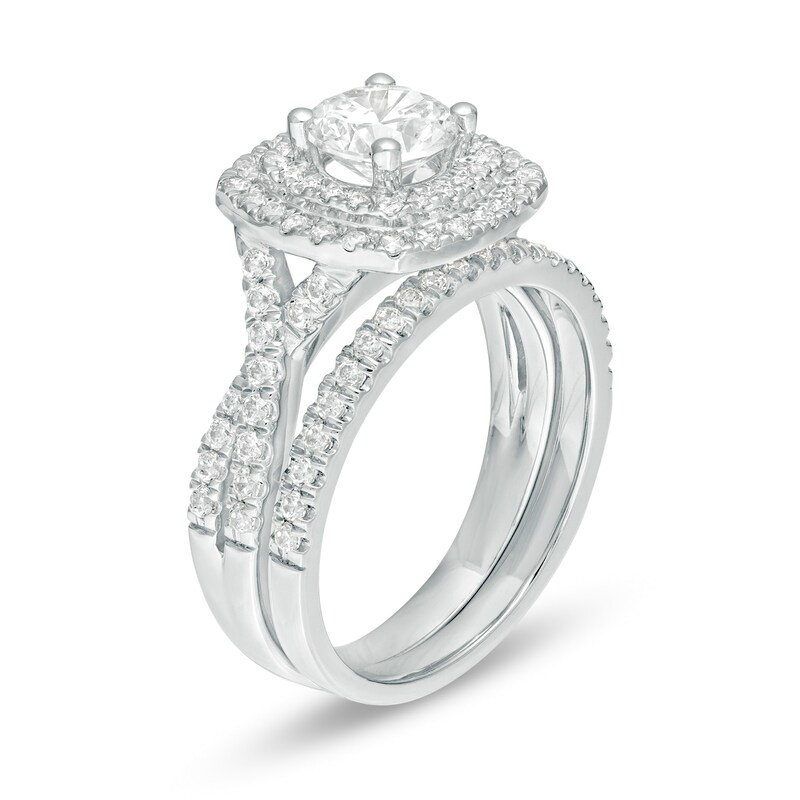 Main Image 3 of 1-5/8 CT. T.W. Diamond Double Cushion Frame Twist Shank Bridal Set in 14K White Gold