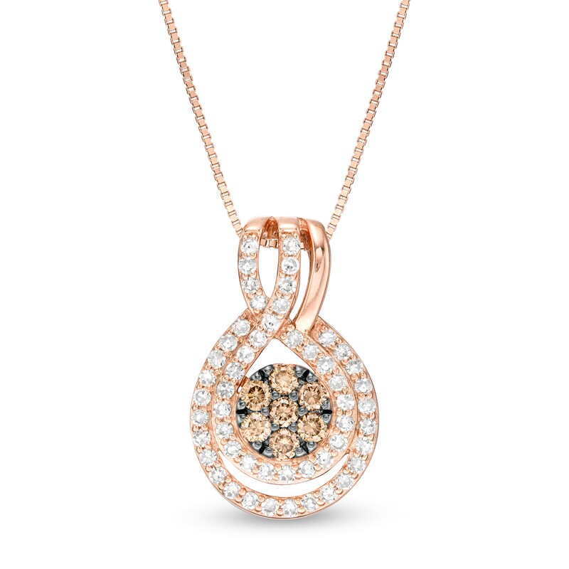 Main Image 1 of 1/2 CT. T.W. Champagne and White Composite Diamond Teardrop Frame Pendant in 10K Rose Gold