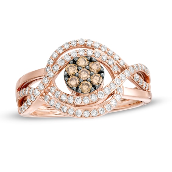 1/2 CT. T.w. Champagne and White Diamond Multi-Row Crossover Ring in 10K Rose Gold