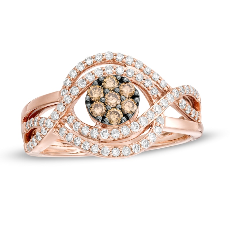 Main Image 1 of 1/2 CT. T.W. Champagne and White Diamond Multi-Row Crossover Ring in 10K Rose Gold
