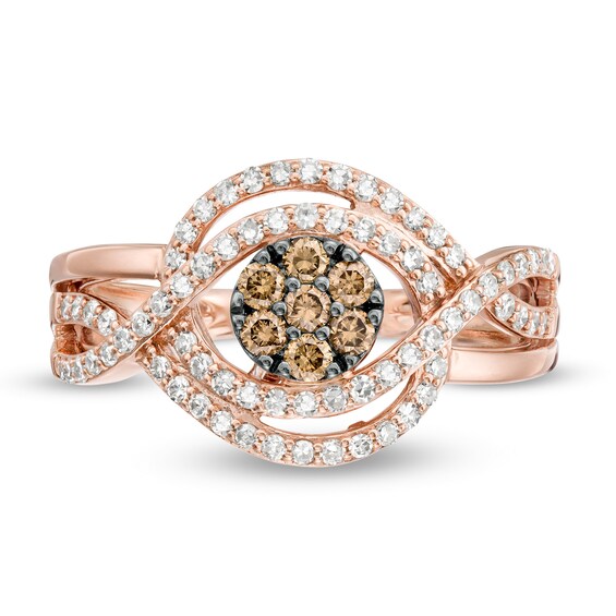 1/2 CT. T.w. Champagne and White Diamond Multi-Row Crossover Ring in 10K Rose Gold