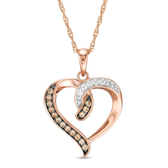 1/5 CT. T.w. Champagne and White Diamond Twist Heart Pendant in 10K Rose Gold