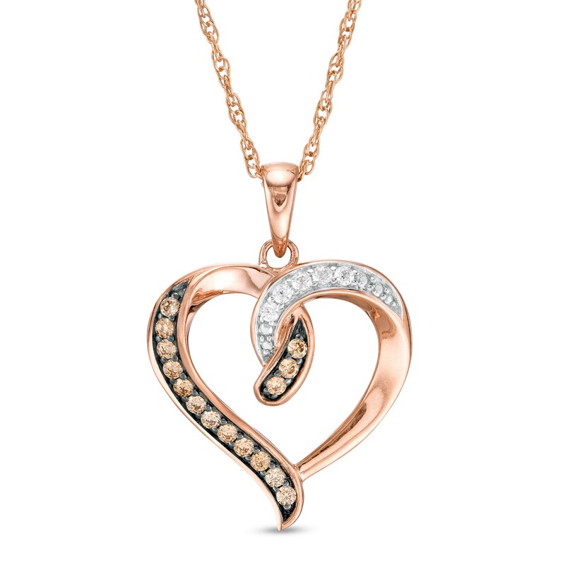 Main Image 1 of 1/5 CT. T.W. Champagne and White Diamond Twist Heart Pendant in 10K Rose Gold