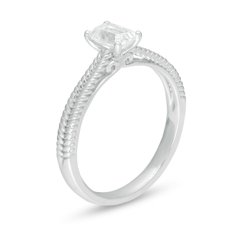 1/2 CT. Emerald-Cut Diamond Solitaire Textured Shank Engagement Ring in 14K White Gold