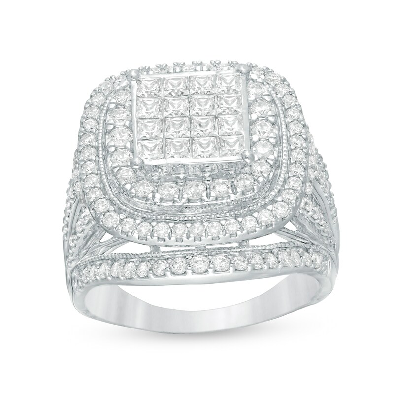 2 CT. T.W. Princess-Cut Composite Diamond Double Cushion Frame Multi-Row Engagement Ring in 14K White Gold