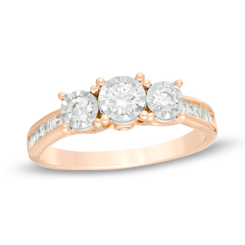 1/2 CT. T.W. Diamond Three Stone Engagement Ring in 10K Rose Gold