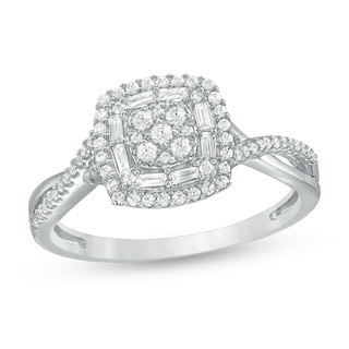 1/3 CT. T.W. Multi-Diamond Cushion Frame Crossover Shank Ring in 10K White Gold