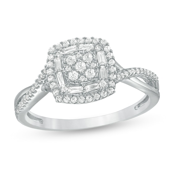 1/3 CT. T.w. Multi-Diamond Cushion Frame Crossover Shank Ring in 10K White Gold