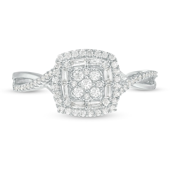 1/3 CT. T.w. Multi-Diamond Cushion Frame Crossover Shank Ring in 10K White Gold