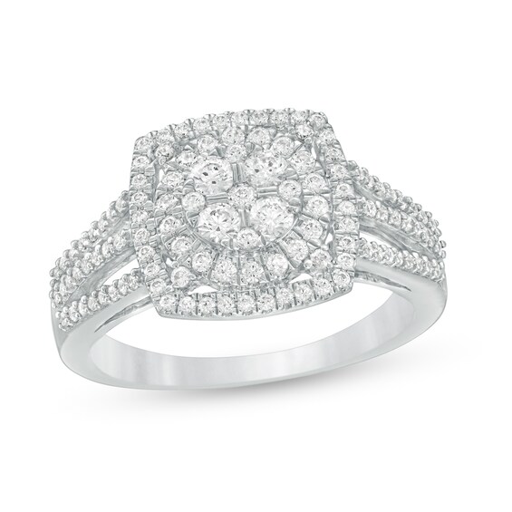 3/4 CT. T.w. Multi-Diamond Cushion Frame Split Shank Ring in 10K White Gold