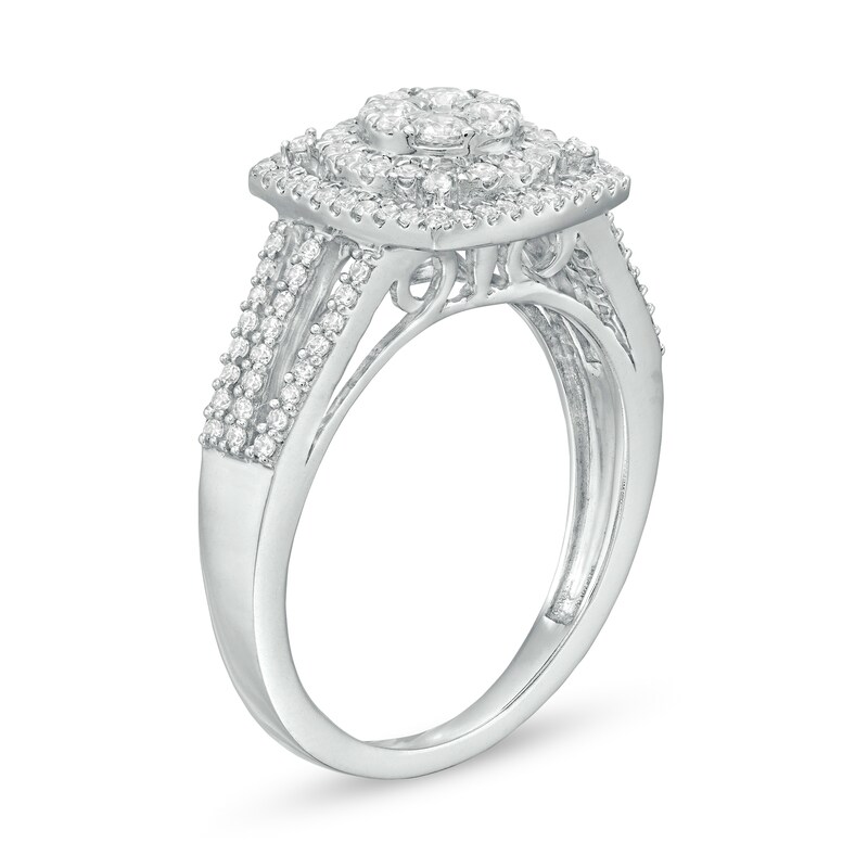 Main Image 3 of 3/4 CT. T.W. Multi-Diamond Cushion Frame Split Shank Ring in 10K White Gold