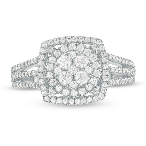 3/4 CT. T.w. Multi-Diamond Cushion Frame Split Shank Ring in 10K White Gold