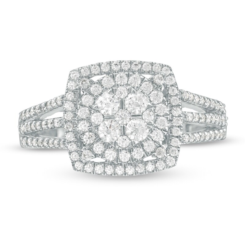 Main Image 4 of 3/4 CT. T.W. Multi-Diamond Cushion Frame Split Shank Ring in 10K White Gold