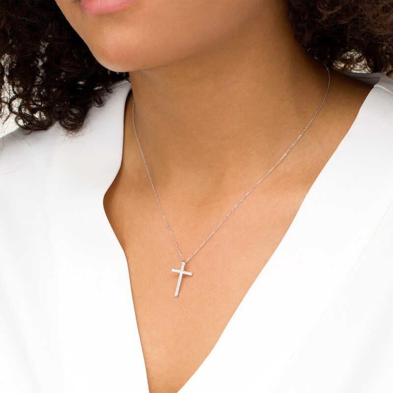 Main Image 2 of 1/4 CT. T.W. Certified Diamond Cross Pendant in 14K White Gold (H/I1)