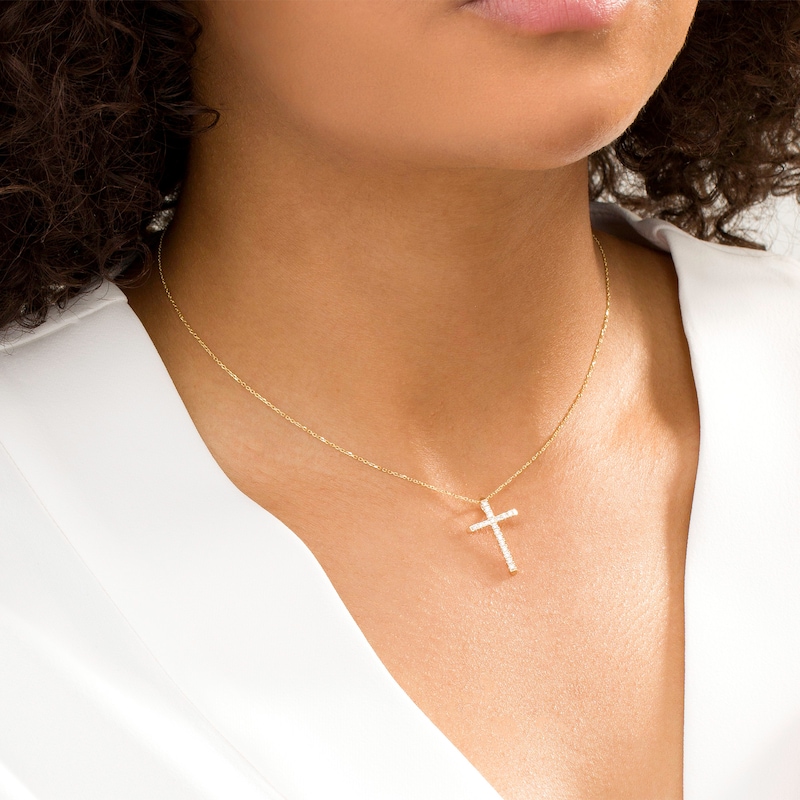 Main Image 2 of 1/4 CT. T.W. Certified Diamond Cross Pendant in 14K Gold (H/I1)