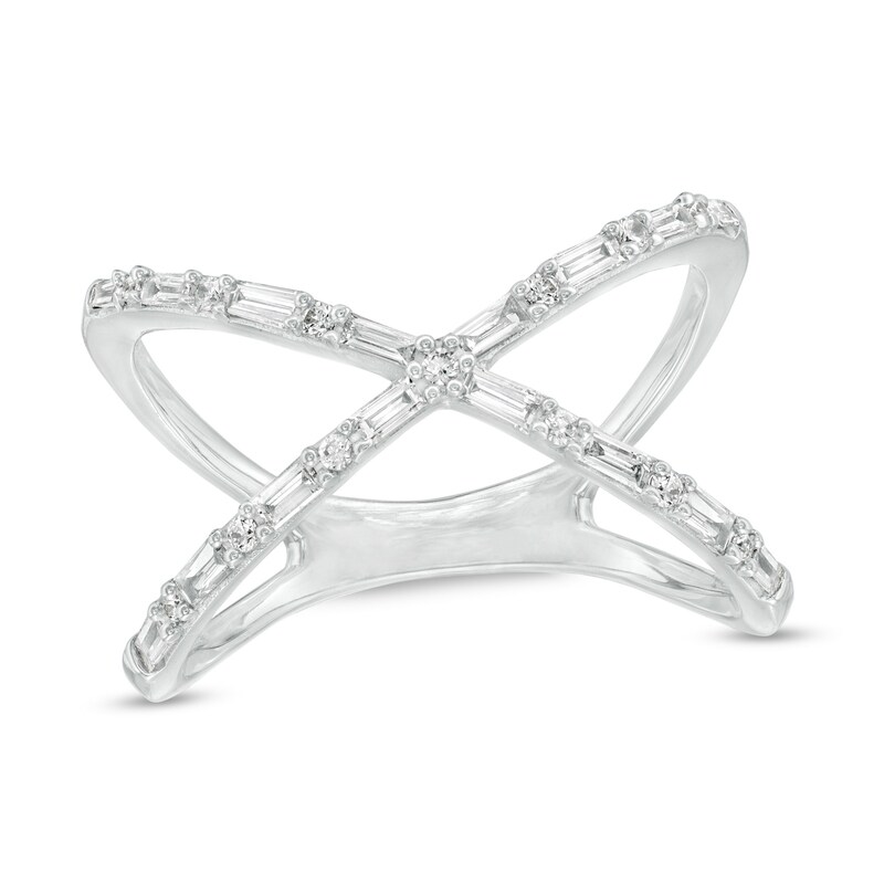 Main Image 1 of 1/3 CT. T.W. Baguette and Round Diamond Orbit Ring in 10K White Gold