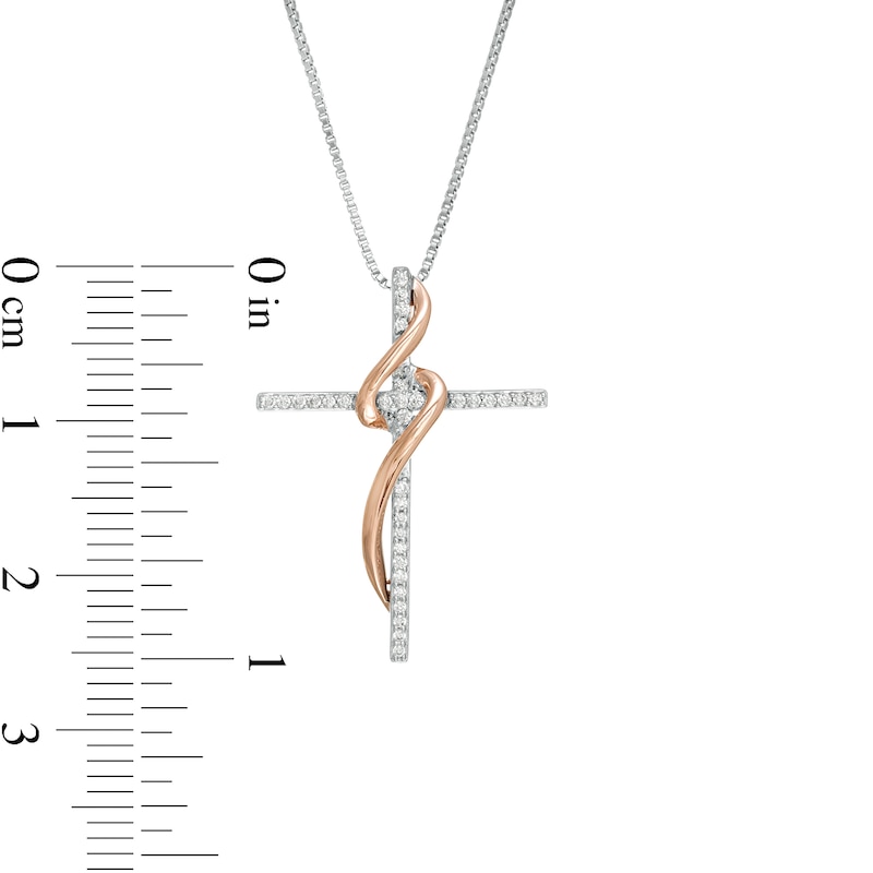 Main Image 3 of 1/10 CT. T.W. Diamond Cross Ribbon Pendant in Sterling Silver and 10K Rose Gold