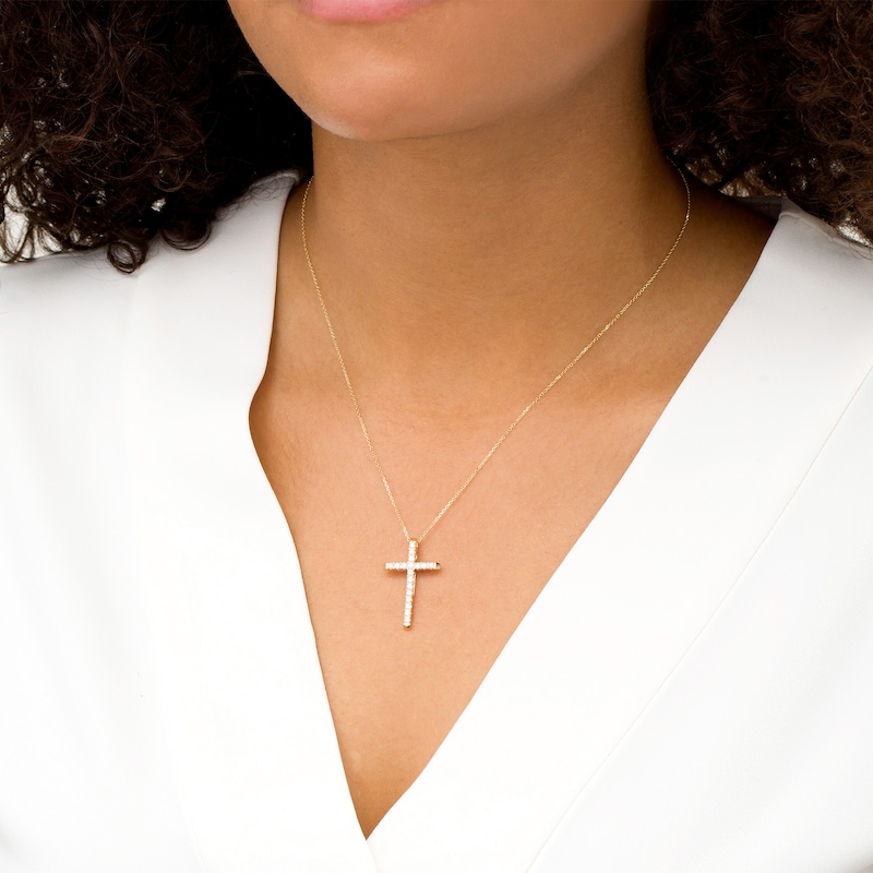 Main Image 2 of 1/2 CT. T.W. Certified Diamond Cross Pendant in 14K Gold (H/I1)