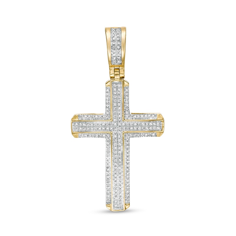 Men's 1/4 CT. T.W. Diamond Double Row Cross Necklace Charm in 10K Gold