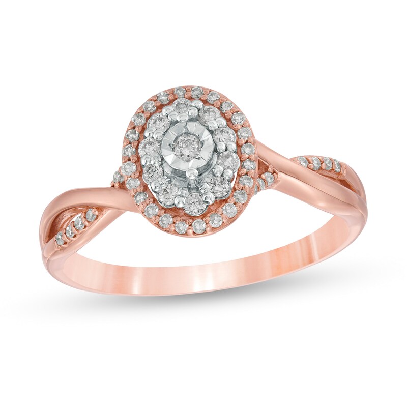 Main Image 1 of 1/4 CT. T.W. Diamond Double Oval Frame Twist Engagement Ring in 10K Rose Gold