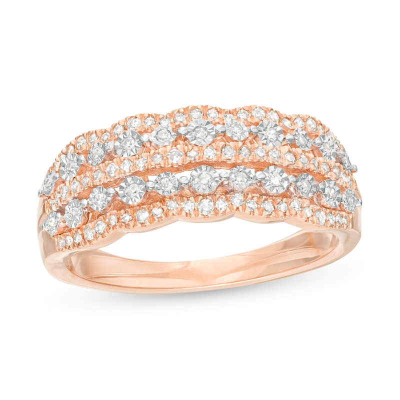 Main Image 1 of 1/4 CT. T.W Diamond Scallop-Edged Multi-Row Anniversary Ring in 10K Rose Gold