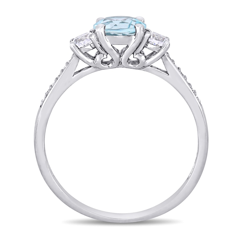 6.0mm Aquamarine, Lab-Created White Sapphire and 1/20 CT. T.W. Diamond Three Stone Engagement Ring in 10K White Gold