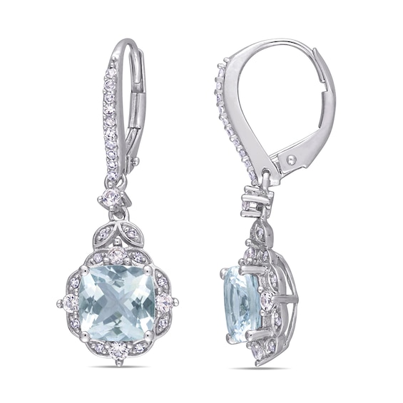 Cushion-Cut Aquamarine, White Sapphire and 1/6 CT. T.W. Diamond Floral Vintage-Style Drop Earrings in 14K White Gold Cushion-Cut Aquamarine, White Sapphire and 1/6 CT. T.W. Diamond Floral Vintage-Style Drop Earrings in 14K White Gold