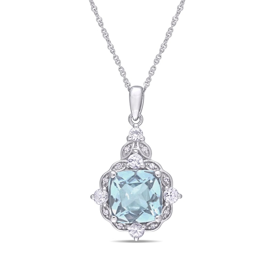 Cushion-Cut Aquamarine, White Sapphire and Diamond Accent Floral Vintage-Style Drop Pendant in 14K White Gold - 17" Cushion-Cut Aquamarine, White Sapphire and Diamond Accent Floral Vintage-Style Drop Pendant in 14K White Gold - 17"