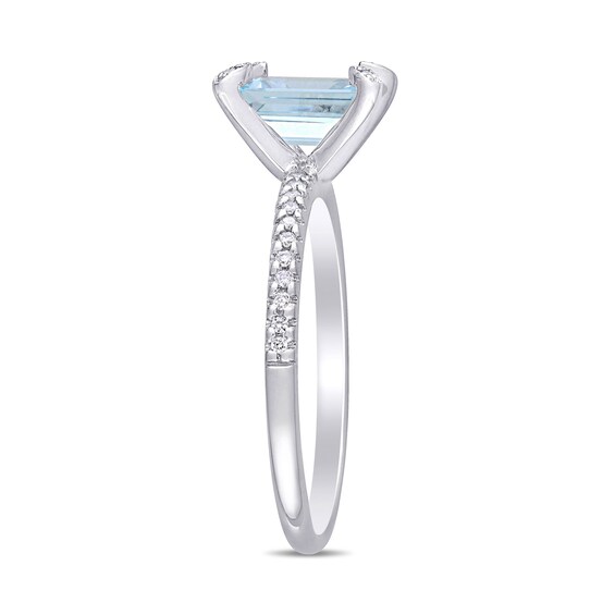Emerald-Cut Aquamarine and 1/10 CT. T.w. Diamond Prong Engagement Ring in 14K White Gold