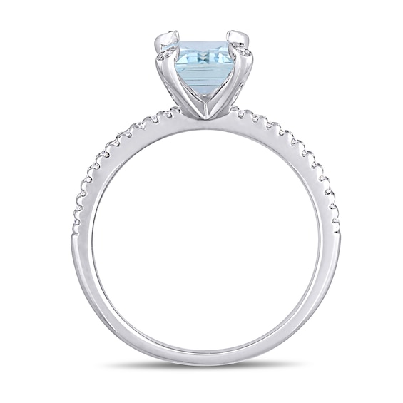 Emerald-Cut Aquamarine and 1/10 CT. T.w. Diamond Prong Engagement Ring in 14K White Gold