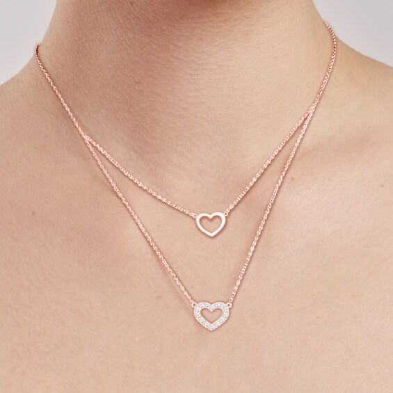 1/5 CT. T.W. Diamond Double Heart Outline Double Strand Layered Necklace in 10K Rose Gold 1/5 CT. T.W. Diamond Double Heart Outline Double Strand Layered Necklace in 10K Rose Gold