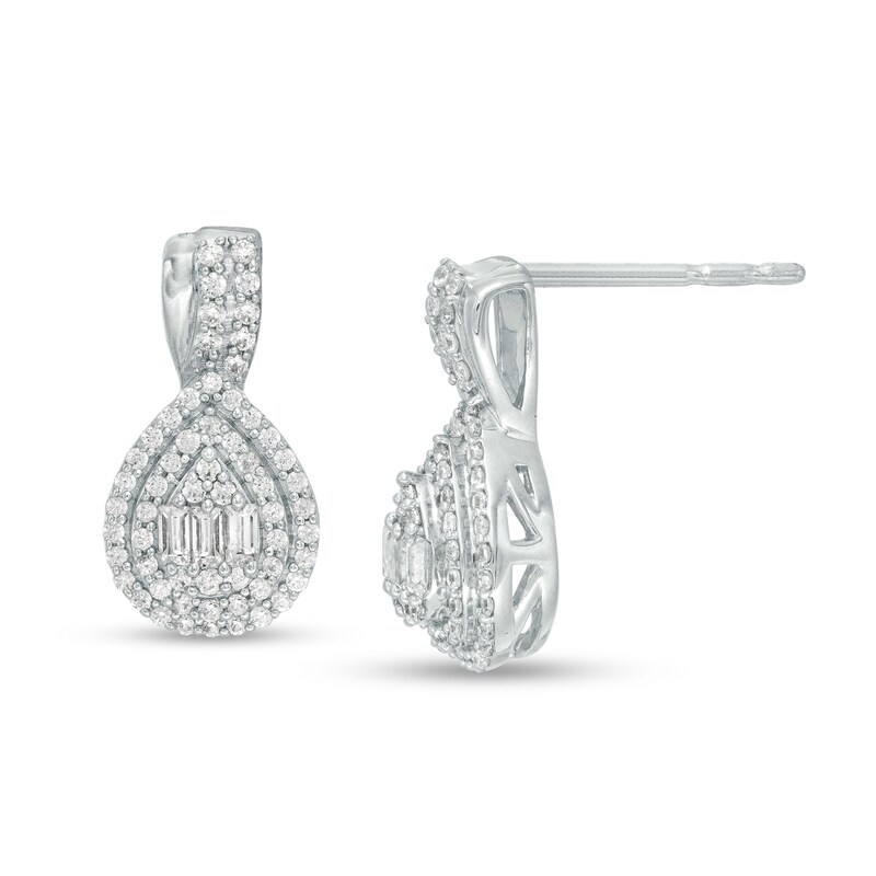 1/3 CT. T.W. Baguette and Round Composite Diamond Pear-Shaped Frame Drop Earrings in 10K White Gold