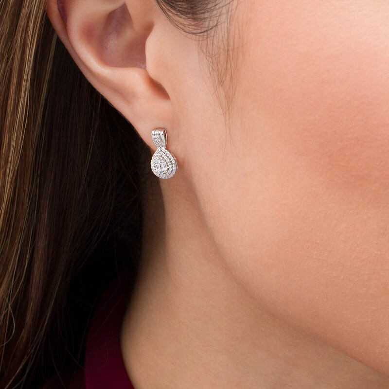 1/3 CT. T.W. Baguette and Round Composite Diamond Pear-Shaped Frame Drop Earrings in 10K White Gold