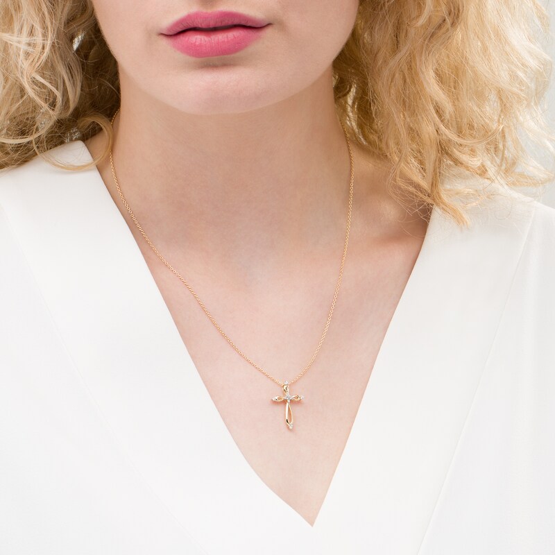 Main Image 2 of 1/10 CT. T.W. Diamond Looped Cross Pendant in 10K Gold