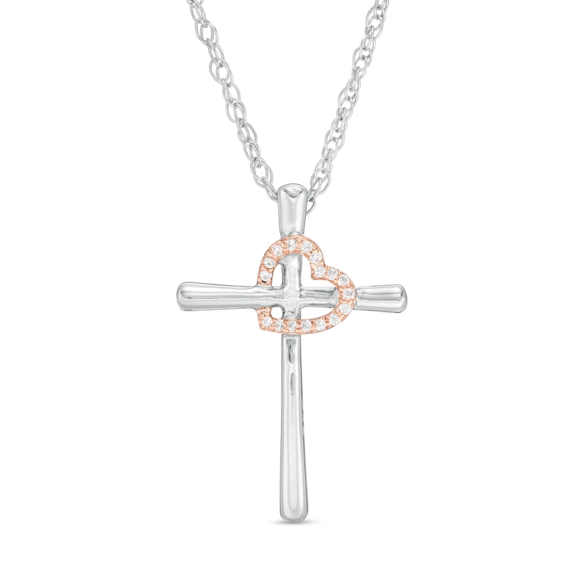 Diamond Accent Cross with Tilted Heart Outline Pendant in Sterling Silver and 10K Rose Gold