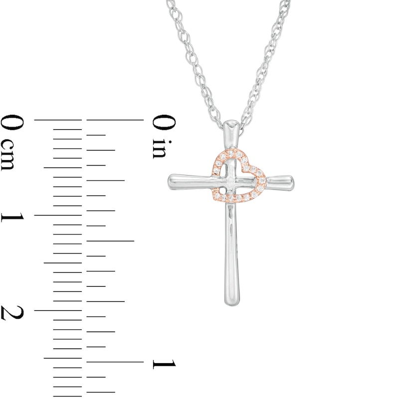 Diamond Accent Cross with Tilted Heart Outline Pendant in Sterling Silver and 10K Rose Gold