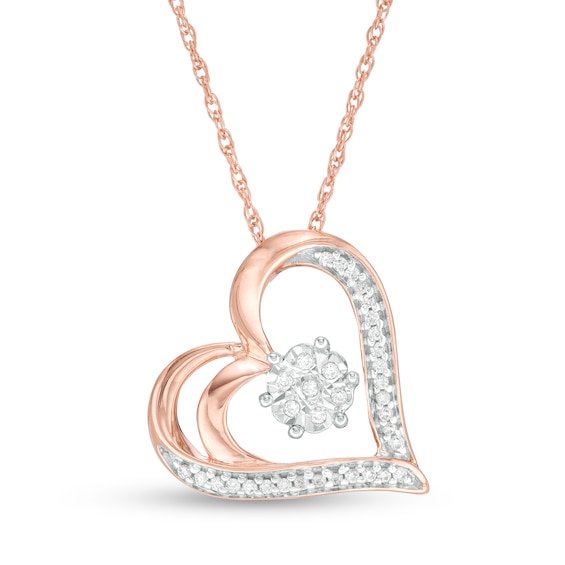 1/15 CT. T.w. Diamond Tilted Double Heart Outline Pendant in Sterling Silver with 14K Rose Gold Plate