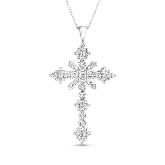3 CT. T.w. Baguette and Round Diamond Cross Pendant in 14K White Gold
