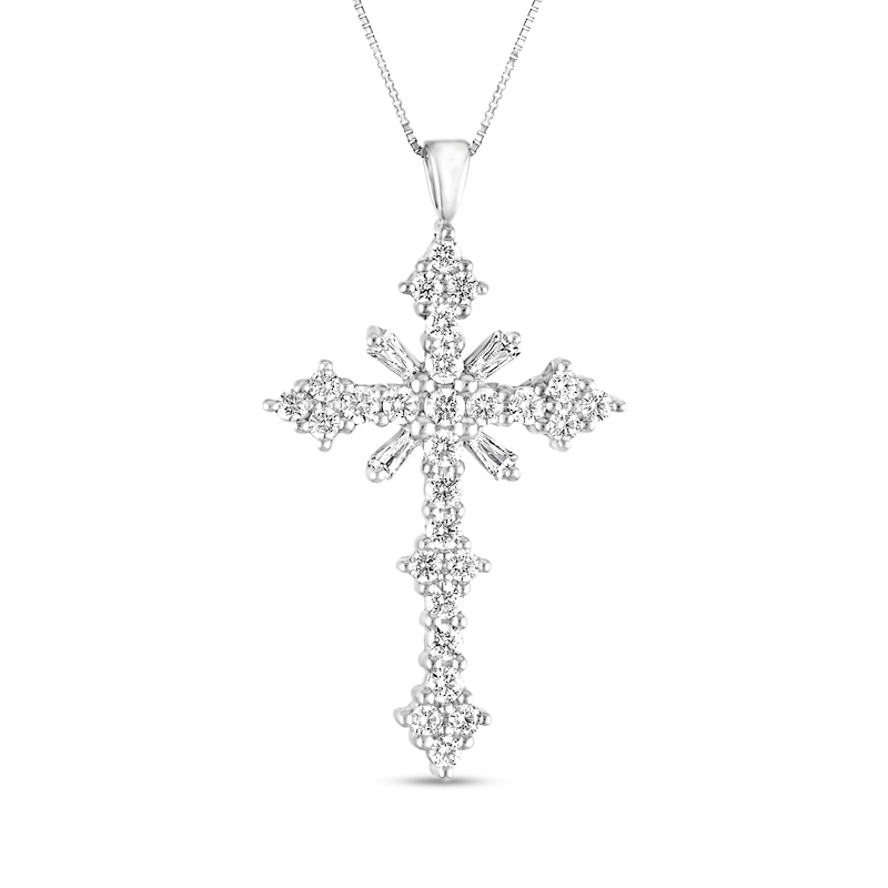 3 CT. T.W. Baguette and Round Diamond Cross Pendant in 14K White Gold