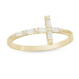 1/6 CT. T.W. Baguette and Round Diamond Sideways Cross Ring in 10K Gold