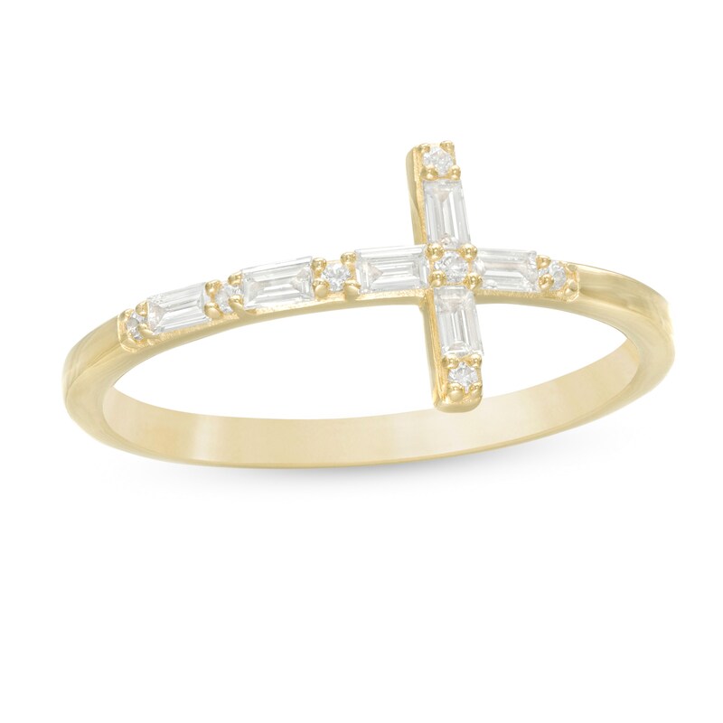 Main Image 1 of 1/6 CT. T.W. Baguette and Round Diamond Sideways Cross Ring in 10K Gold