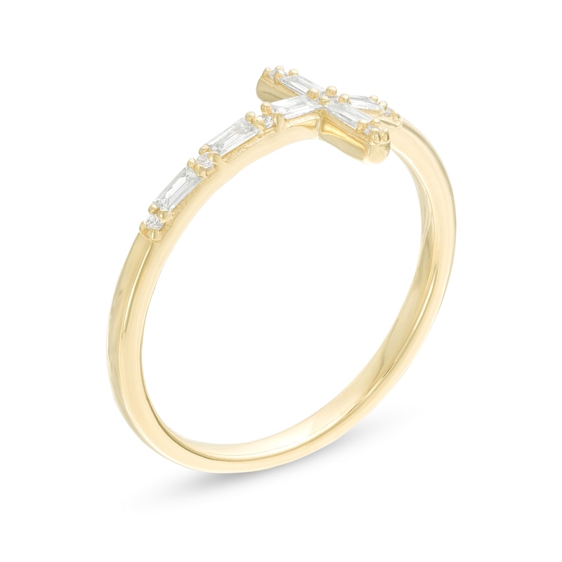 Main Image 3 of 1/6 CT. T.W. Baguette and Round Diamond Sideways Cross Ring in 10K Gold