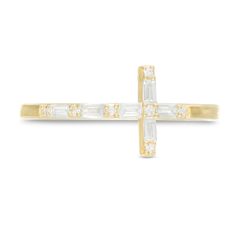 Main Image 4 of 1/6 CT. T.W. Baguette and Round Diamond Sideways Cross Ring in 10K Gold