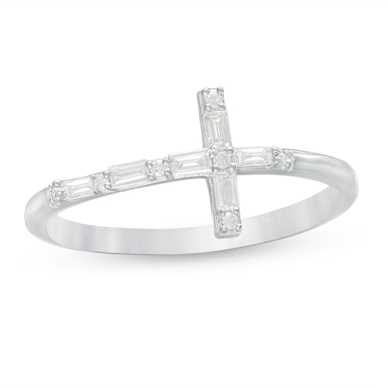 1/6 CT. T.W. Baguette and Round Diamond Sideways Cross Ring in 10K White Gold