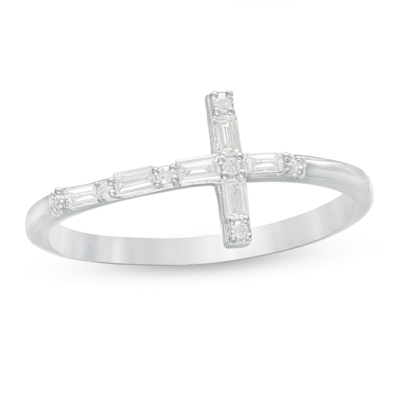 Main Image 1 of 1/6 CT. T.W. Baguette and Round Diamond Sideways Cross Ring in 10K White Gold