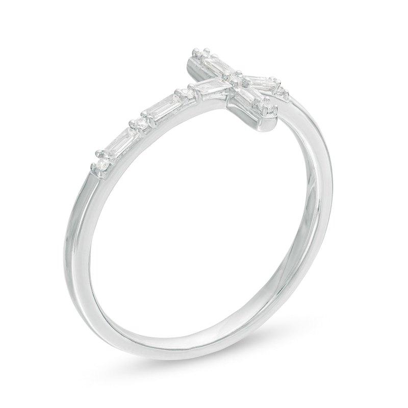 Main Image 3 of 1/6 CT. T.W. Baguette and Round Diamond Sideways Cross Ring in 10K White Gold