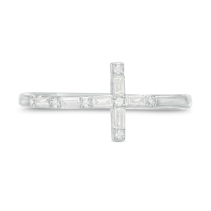 Main Image 4 of 1/6 CT. T.W. Baguette and Round Diamond Sideways Cross Ring in 10K White Gold